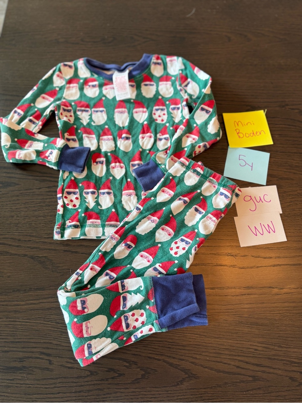 Mini Boden Green Santa Print Kids Pajama Set